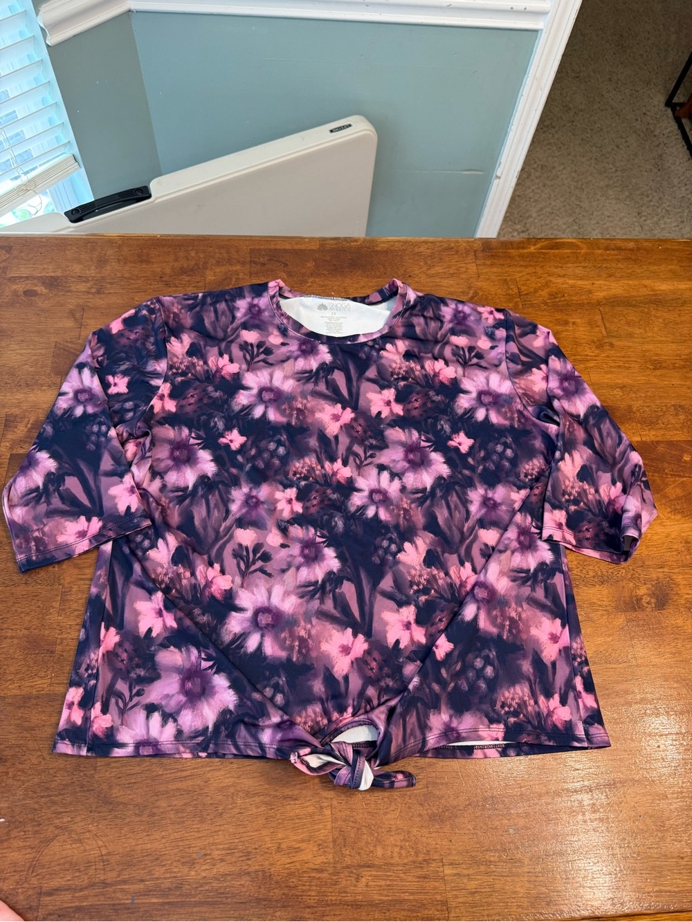 Snoga Athletics Floral Tie Front Short Sleeve Modest Workout Top Purple Pink 2XL